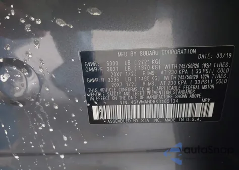 2019 Subaru Ascent Premium z USA, uszkodzony, nr VIN 4S4WMAHD8K3465134